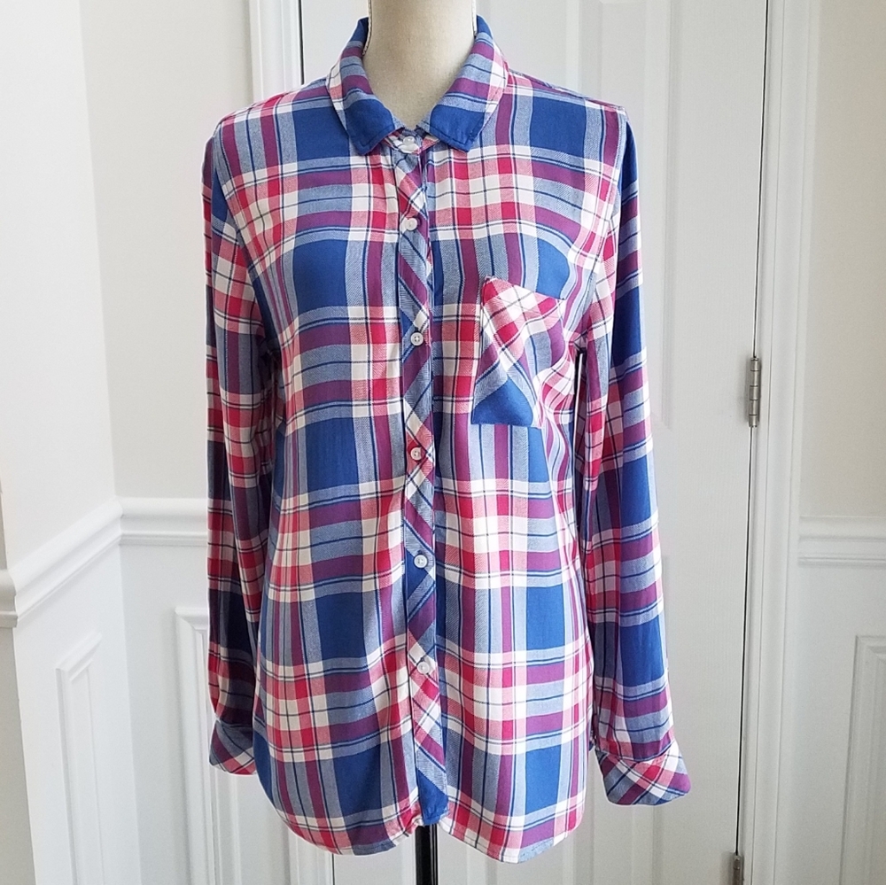 Rails Hunter Plaid Marina‎ Flamingo Button Down Long Sleeve Blouse